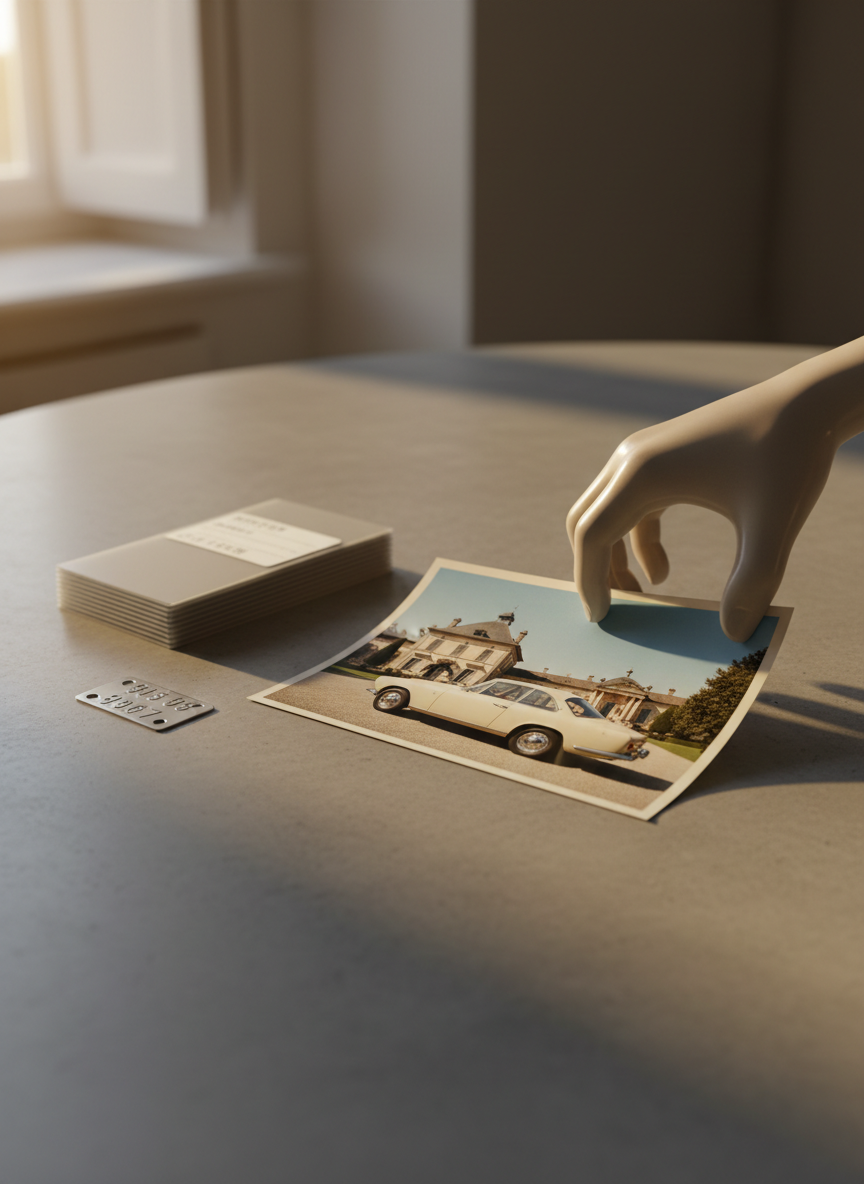 A narrow depth-of-field close-up of a gloved hand substitute—represented by a finely contoured, neutral-toned archival handling tool—gently lifting the corner of a glossy photograph depicting a classic touring coupe. The photo rests on a smooth, stone-gray table beside a small stack of rigid, labeled (non-legible) archival sleeves and a discreetly placed metal chassis tag. Soft side lighting from an unseen window at golden hour casts long, elegant shadows and imbues the scene with a warm, intimate glow. Photographic realism with an emphasis on texture—paper sheen, matte table surface, brushed metal—communicates quiet reverence for the careful handling and long-term protection of automotive memories.