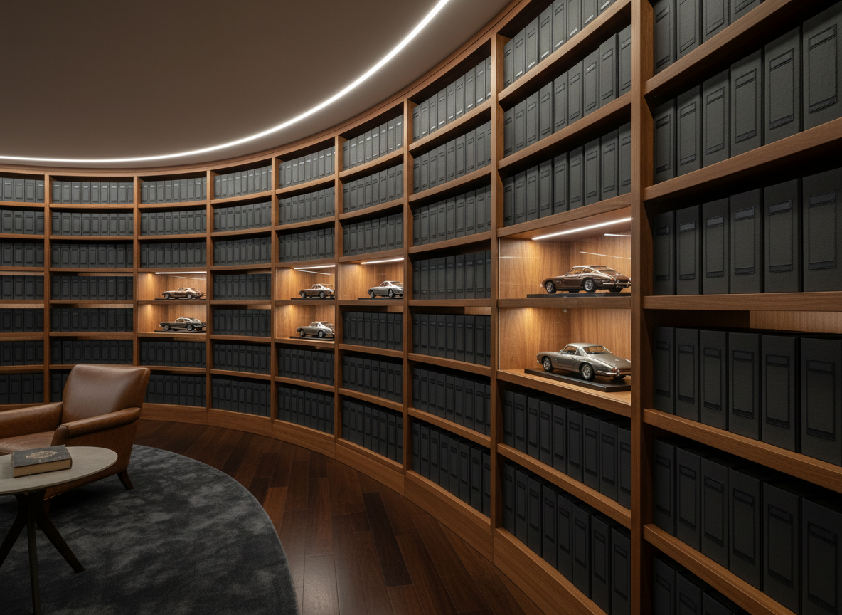 A long, elegant shelving wall in a private archive room, filled with uniform, dark charcoal archival boxes, each with subtle, unmarked spine labels. Interspersed among the shelves are a few glass-front display niches holding scale models of iconic collector automobiles in muted metallic tones, suggesting the nature of the collection without overt branding. Warm, recessed ceiling lights wash down the shelving, creating gentle vertical highlights and soft shadows that add depth. Photographic realism from a slightly low, wide-angle perspective enhances a sense of scale and exclusivity. The atmosphere is hushed, orderly, and sophisticated, evoking a secure sanctuary for significant automotive histories.