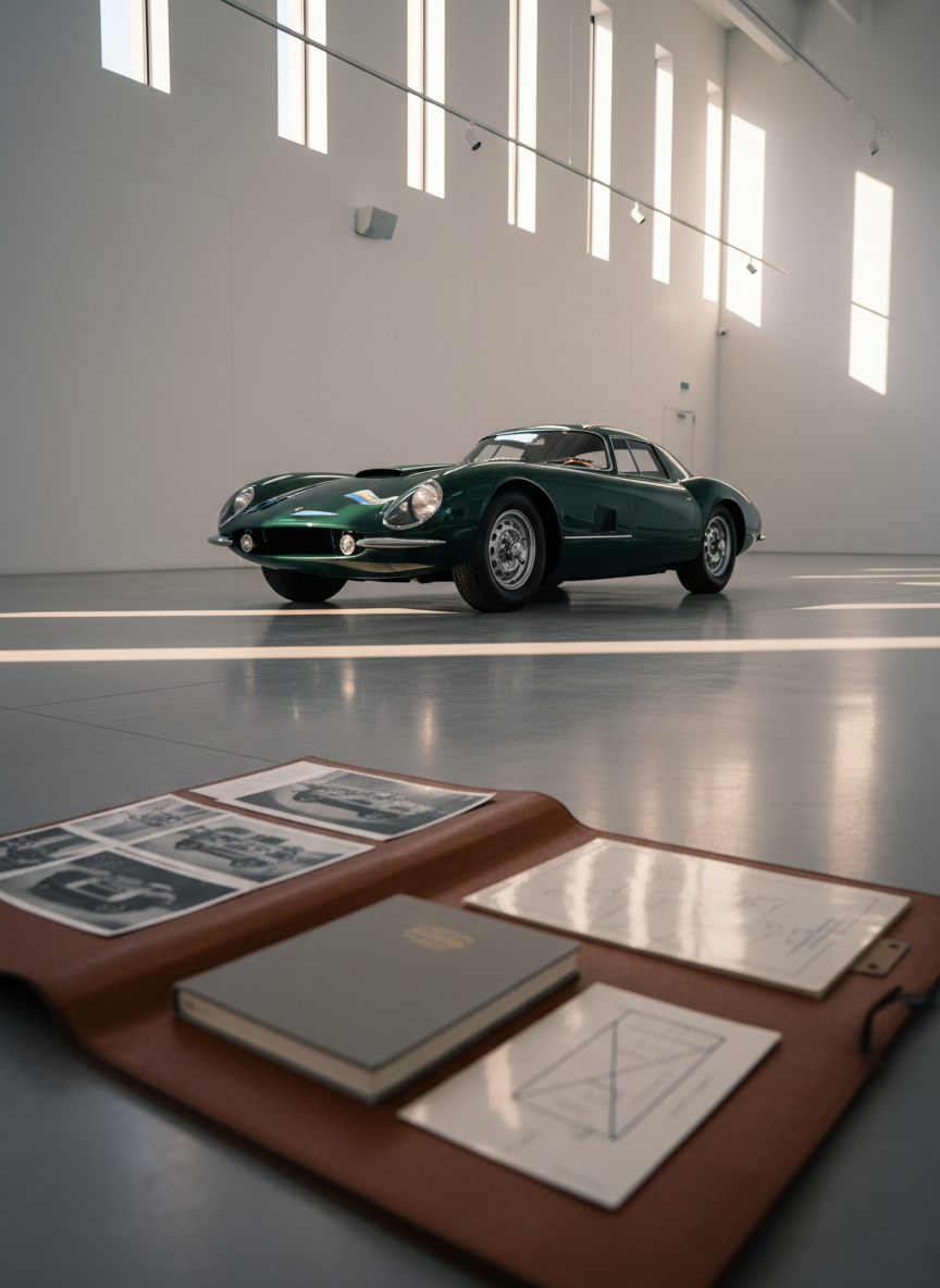A minimalist, cinematic scene of a rare collector automobile—sleek dark green paint, flawless reflections—parked on a polished concrete floor inside a private, gallery-like archive space. In the foreground, slightly out of focus, lies an open leather portfolio containing archival-quality photographs, a bound provenance dossier, and subtle diagrams, all without legible text. Soft, late-afternoon light filters in from high clerestory windows, tracing elegant highlights along the car’s curves and portfolio edges. The camera is positioned low, near the portfolio, with the car dominating the mid-ground, creating a layered composition. Photographic realism with a calm, reverent mood, emphasizing the transformation of an automobile into an enduring, documented legacy.