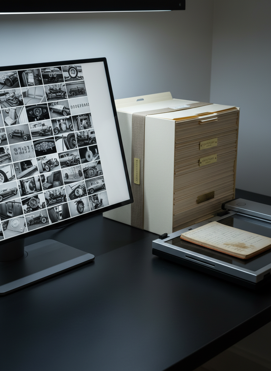 A sophisticated digital-analog archival station dedicated to a single significant automobile. On a matte black desk, an ultra-thin, high-resolution monitor displays a grid of non-legible, monochrome thumbnails of car details—engines, chassis plates, interiors—while beside it, a stack of cream archival folders is secured with a custom linen tie. A precision scanner with its lid open reveals a carefully positioned, vintage maintenance logbook. Cool, indirect LED lighting from above creates crisp reflections on the screen and subtle texture on the paper stock. Shot from a three-quarter angle with sharp focus throughout, the scene feels clinical yet luxurious, expressing Provenaire House’s fusion of timeless preservation with contemporary digital craftsmanship.